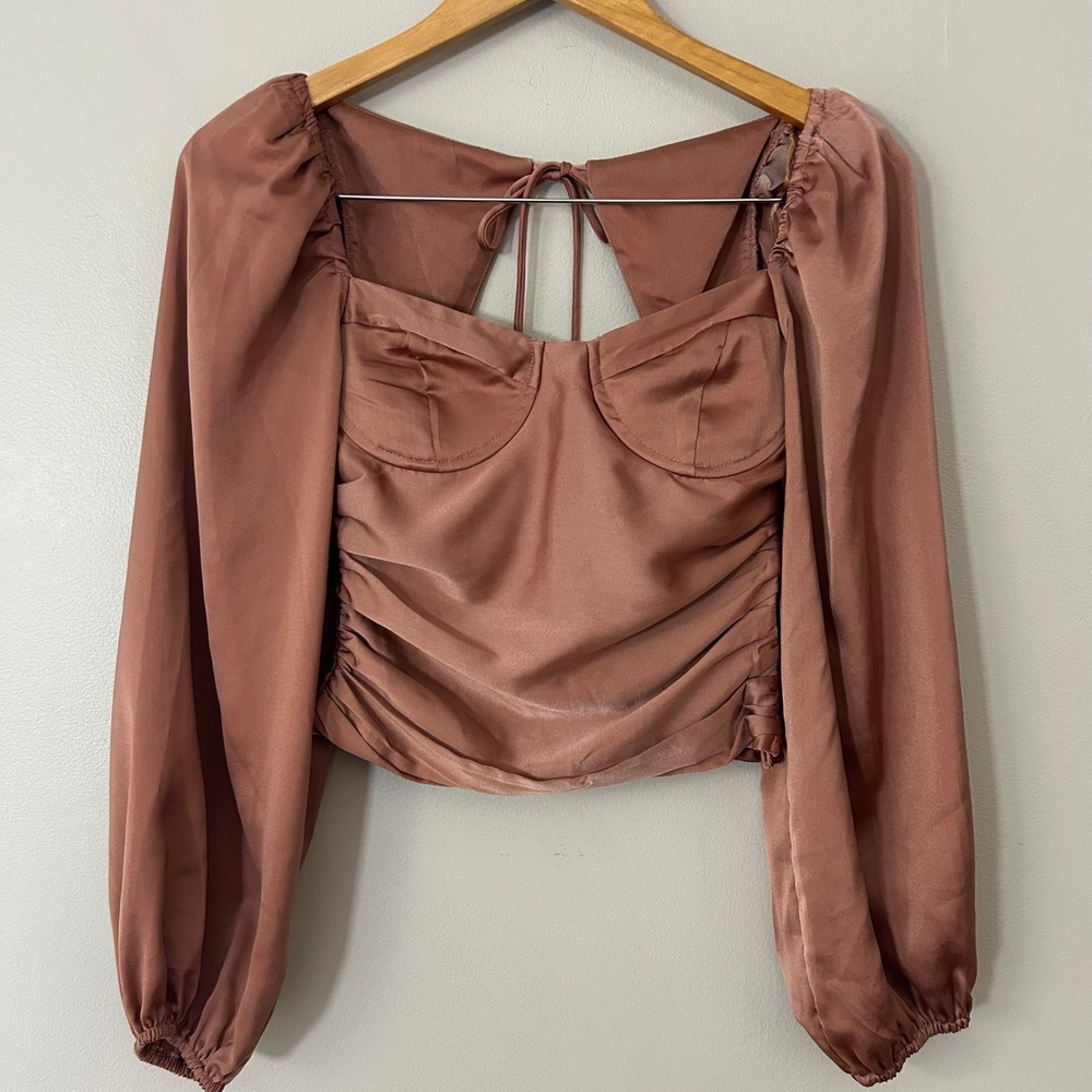ASTR the Label Top Women XS Dark Blush Satin Bustier Puff Sleeve Ruched Milkmaid